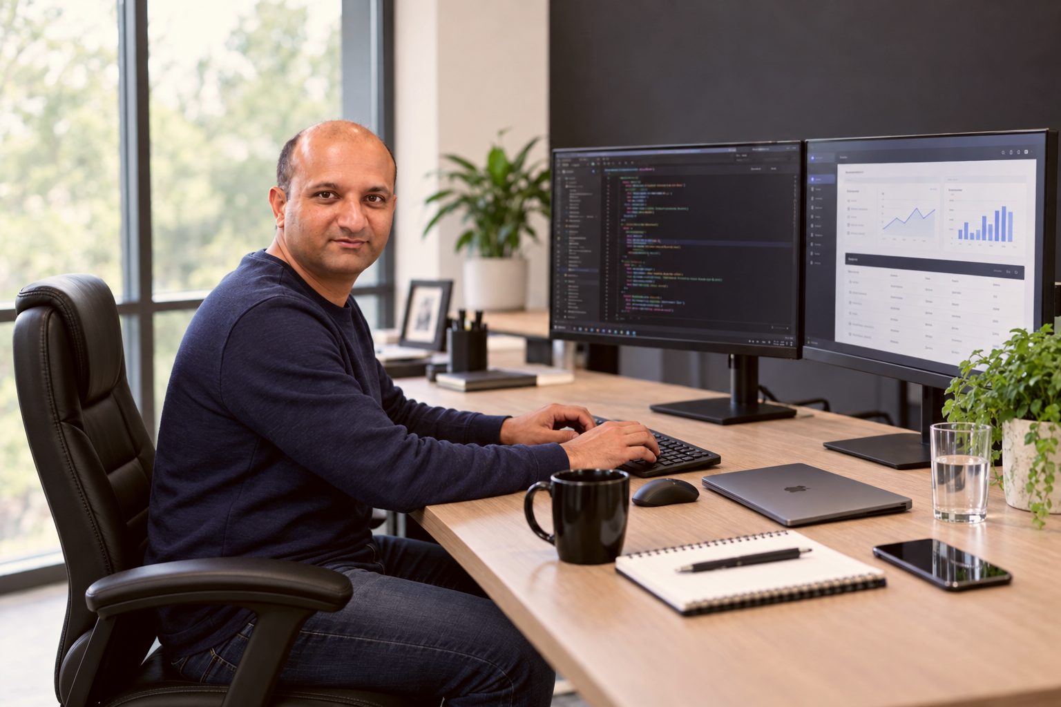 Karan from the TechFluent Systems team writing code at a dual-monitor desk